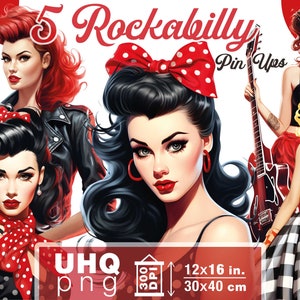 Work & Print - 5 Rockabilly Png Bundle Retro Pin Up Girls - 300 DPI, 12 x 16 in / 30 x 40 cm - Digital Junk Journal Png Clipart Scrapbooking