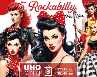 Work & Print - 5 Rockabilly Png Bundle Retro Pin Up Girls - 300 DPI, 12 x 16 in / 30 x 40 cm - Digital Junk Journal Png Clipart Scrapbooking