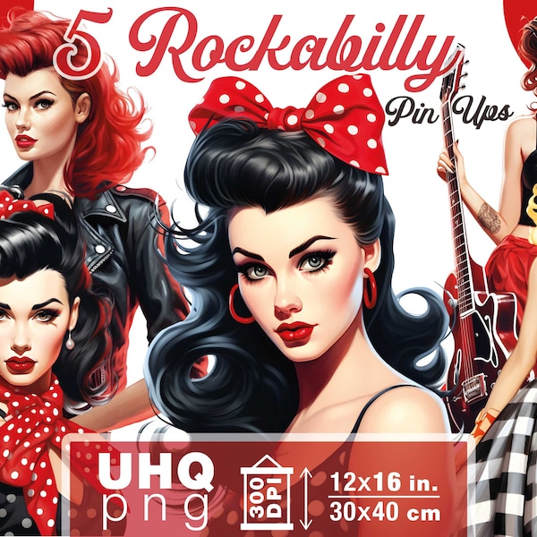 Work & Print - 5 Rockabilly Png Bundle Retro Pin Up Girls - 300 DPI, 12 x 16 in / 30 x 40 cm - Digital Junk Journal Png Clipart Scrapbooking