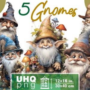Work & Print - 5 Png Bundle Fantasy Gnomes in the Forest - 300 DPI, 12 in x 16 inches / 30 x 40 cm - Printables Transparent Png Clipart