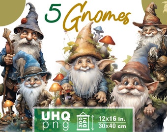 Work & Print - 5 Png Bundle Fantasy Gnomes in the Forest - 300 DPI, 12 in x 16 inches / 30 x 40 cm - Printables Transparent Png Clipart