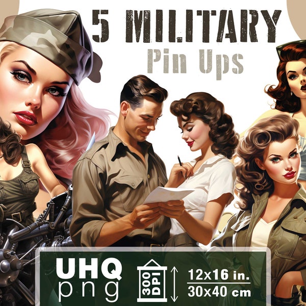 Work & Print - 5 Png Bundle Vintage Military Pin Up Girls - 300 DPI, 12 in x 16 inches / 30 x 40 cm - Printables Transparent Png Clipart