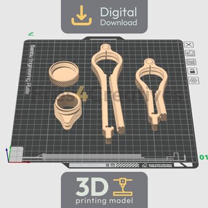 May include: A 3D printing model of several beige-colored tools and components, including a circular lid, a cup-like object, and two compass-like tools. The image is labeled "Digital Download" and "3D printing model".