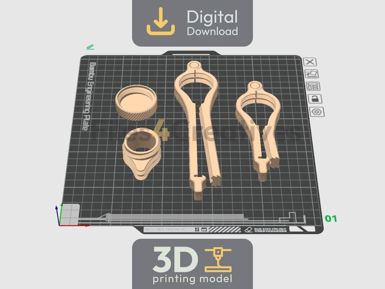 May include: A 3D printing model of several beige-colored tools and components, including a circular lid, a cup-like object, and two compass-like tools. The image is labeled "Digital Download" and "3D printing model".