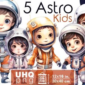 Trabajo e impresión - Paquete de imágenes prediseñadas de 5 niños astronautas - 300 DPI, 12x16 in/30x40cm - Decoración de invitación de cumpleaños digital Arte de pared de bebé Png transparente