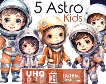Work & Print - 5 Kid Astronaut Clipart Bundle - 300 DPI, 12x16 in/30x40cm - Digital Birthday Invitation Decor Transparent Png Baby Wall Art