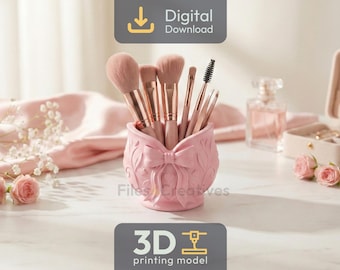Bow Makeup Brush Holder STL | Coquette Vanity Organizer | Heart Rim Desk Cup (Digital Download)