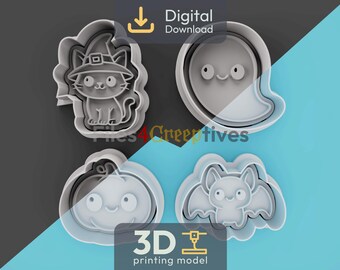 Kawaii Halloween Friends Cookie Cutter Bundle 3D STL – Digital Download – Witch Cat, Ghost, Pumpkin, Bat – Clay, Play-Dough – 4 Designs