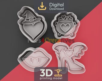 Witchy Love Halloween Cookie Cutter Bundle 3D STL – Digital Download – Witch Hat Heart, Lips Fangs, Cauldron Love, High Heel Bat – 4 Designs