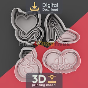 May include: Four 3D printing models with a Halloween theme. The models include a devil heart, a high heel with a spiderweb, a potion bottle with a heart, and two kissing skulls. The image includes the text "Digital Download" and "3D printing model".