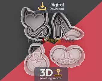Haunted Romance Cookie Cutter Bundle 3D Printing – Digital Download – Devil Tail Heart, High Heel, Love Potion, Skeleton Kiss – 4 STL Files