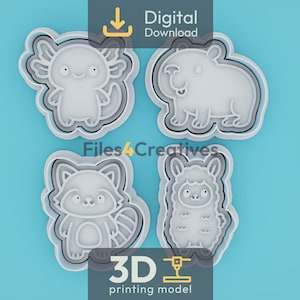 Op de afbeelding: Vier 3D-printmodellen van schattige dieren: een axolotl, een capibara, een wasbeer en een lama. De modellen zijn wit met grijze contouren, tegen een lichtblauwe achtergrond. De afbeelding bevat de tekst "Digitale download" en "3D-printmodel".