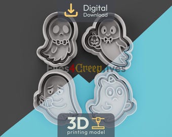 Cartoon Ghost Cookie Cutter Bundle 3D STL – Digital Download – Shy, Balloon, Coffee, Bow Ghosts – Fondant, Clay, Play-Dough – 4 Designs