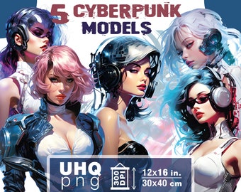 Work & Print - 5 Png Bundle Cyberpunk Pin Up Girls - 300 DPI, 12 x 16 inches / 30 x 40 cm - Space Sci-Fi Printables Transparent Png Clipart