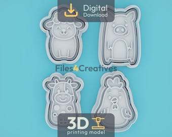 Cute Farm Animal Cookie Cutter Bundle 3D Printing STL – Digital Download – Cow, Pig, Sheep, Chicken – Fondant, Clay, Play-Dough – 4 Designs