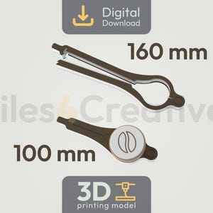 May include: Two brown and silver 3D-printed objects. The top object is 160 mm long and resembles a pair of scissors. The bottom object is 100 mm long and has a circular design. The image includes the text "Digital Download" and "3D printing model."