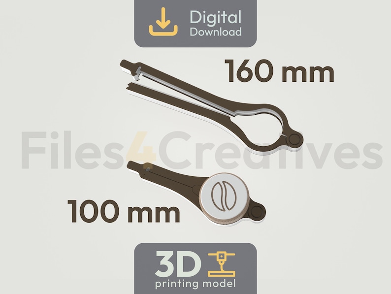 May include: Two brown and silver 3D-printed objects. The top object is 160 mm long and resembles a pair of scissors. The bottom object is 100 mm long and has a circular design. The image includes the text "Digital Download" and "3D printing model."
