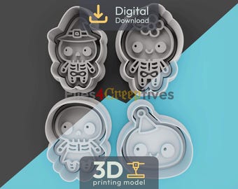 Kawaii Skeleton Friends Cookie Cutter Bundle 3D STL – Digital Download – Witch Hat, Flower, Dress, Party Skull – Clay, Play-Dough – 4 Files