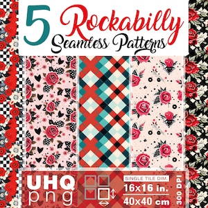 Work & Print - 5 Seamless Pattern Rockabilly Png Bundle - 300 DPI 16x16in/40x40cm - Digital Paper Junk Journal Clipart Texture