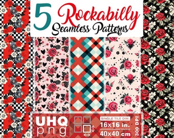 Work & Print - 5 Seamless Pattern Rockabilly Png Bundle - 300 DPI 16x16in/40x40cm - Digital Paper Junk Journal Clipart Texture