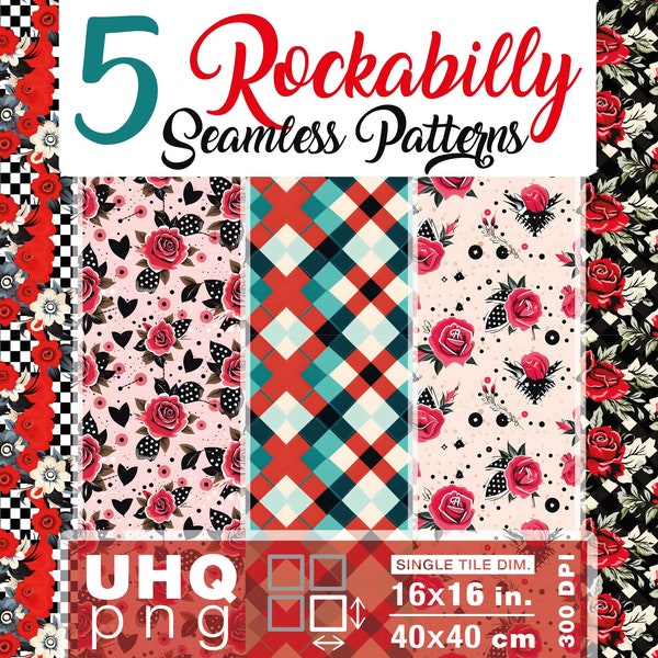 Work & Print - 5 Seamless Pattern Rockabilly Png Bundle - 300 DPI 16x16in/40x40cm - Digital Paper Junk Journal Clipart Texture