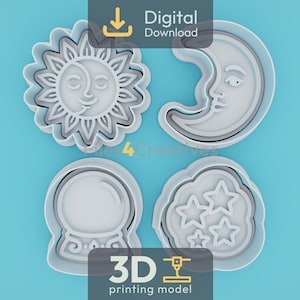 Puede incluir: Cuatro modelos de impresión 3D blancos sobre un fondo azul. Los modelos incluyen un sol con una cara, una luna creciente con una cara, una bola de cristal y una nube con estrellas. La imagen incluye el texto "Descarga digital" y "Modelo de impresión 3D".