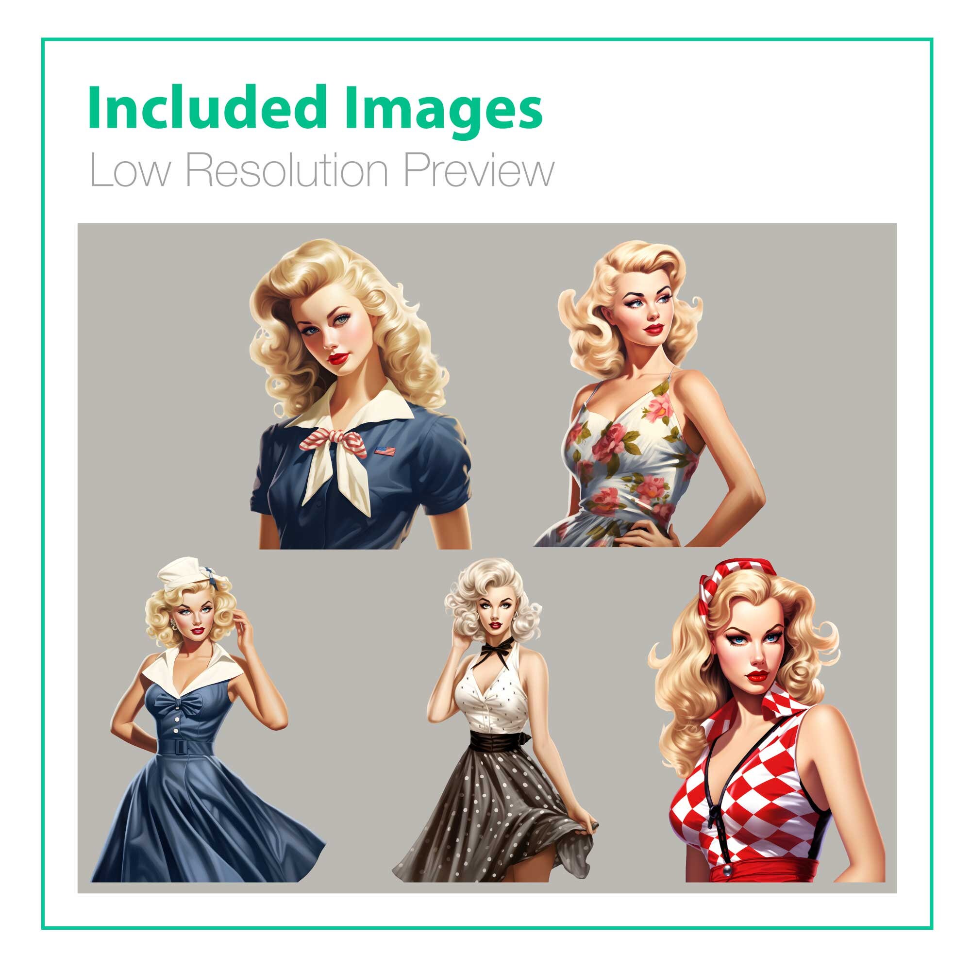 Work & Print - 5 Retro Blonde Pinup Girl Png Bundle - 300 DPI, 12 in X ...