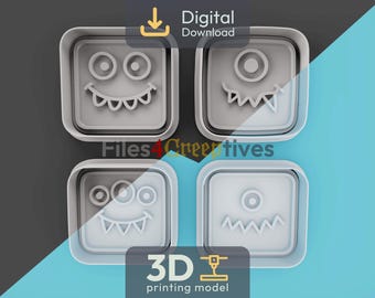 Square Monster Faces Cookie Cutter Bundle 3D STL – Digital Download – Cyclops, Three Eyes, Zig-Zag Mouth – Clay, Play-Dough – 4 Files