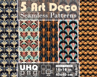 Work & Print - 5 Digitale Art Deco Naadloze Patroon Png Bundel - 300 DPI 16x16in / 40x40cm - Digitale Papier Junk Journal Clipart Texturen