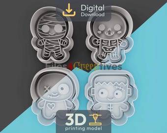 Cute Spooky Friends Cookie Cutter Bundle 3D Printing STL – 4x Digital File – Mummy, Skeleton, Voodoo Doll, Frankenstein – Clay, Play-Dough