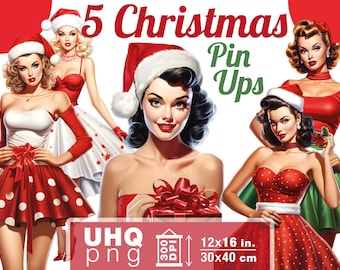 Work & Print - 5 Png Bundle Christmas Retro PinUp Girl png - 300 DPI, 12 in x 16 inches / 30 x 40 cm - Printables Transparent Png Clipart