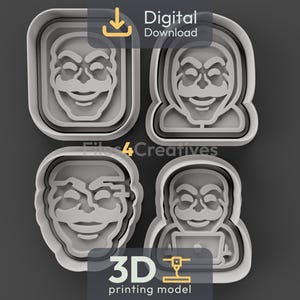 May include: Four grey 3D printing models of a smiling face, each in a different shape. The shapes include a rectangle, a hooded figure, a face with a slanted eye, and a figure with a laptop. The words "Digital Download" and "3D printing model" are also visible.