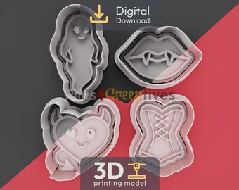 Halloween Love Cookie Cutter Bundle 3D STL – Digital Download – Romantic Ghost, Vampire Kiss, Corset, Devil Heart – Clay, Play-Dough – 4 Cut