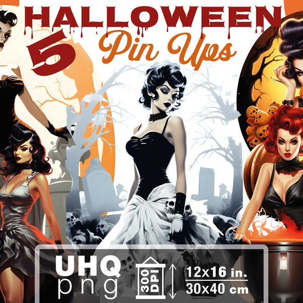 Work & Print - 5 Png Bundle Halloween Pin Up Illustrations - 300 DPI, 12 in x 16 inches / 30 x 40 cm - Printables Transparent Png Clipart