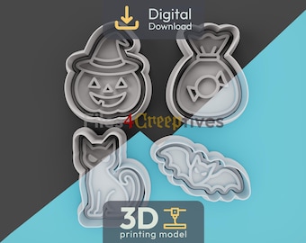 Happy Halloween Cookie Cutter Bundle 3D STL – Digital Download – Pumpkin, Candy Bag, Cat, Bat – Fondant, Clay, Play-Dough – 4 Designs