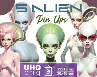 Work & Print - 5 Png Bundle Vintage Alien Pin Up Girls - 300 DPI, 12 in x 16 inches / 30 x 40 cm - Printables Transparent Png Clipart