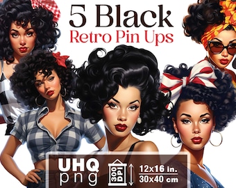 Work & Print - 5 Black Women Pin-Ups Png Bundle - 300 DPI, 12x16 in / 30x40 cm - Digital Retro Junk Journal Clipart Girls Transparent Png
