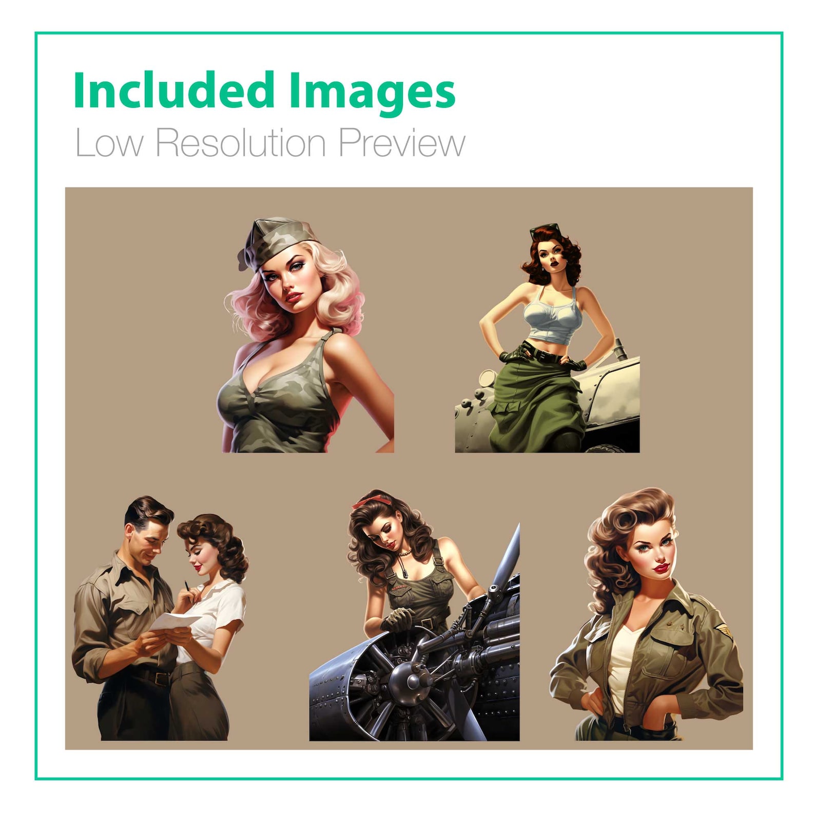 Work &amp; Print - 5 Png Bundle Vintage Military Pin up Girls - 300 DPI, 12 ...