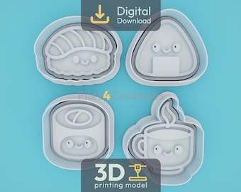 Sushi Party Cookie Cutter Bundle 3D STL – Digital Download – Nigiri, Onigiri, Maki, Tea Cup – Fondant, Clay, Play-Dough – 4 Designs