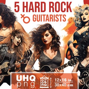 Work & Print - 5 Png Bundle Hard Rock Female Guitarists Girls - 300 DPI, 12 in x 16 inches / 30 x 40 cm - Printables Transparent Png Clipart