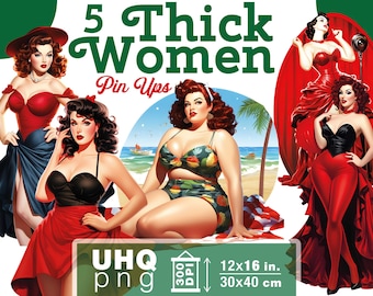 Work & Print - 5 Png Bundle Thick Woman Pin Up Girls - 300 DPI 12 x 16 in / 30 x 40 cm - Knitter Tumbler Printables Transparent Png Clipart