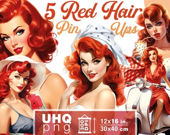 Work & Print - 5 Retro Red Hair Pin-Ups Png Bundle - 300 DPI, 12x16 in / 30x40 cm - Digital Retro Junk Journal Clipart Girls Transparent Png
