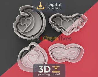 Halloween Romantic Night Cookie Cutter Bundle 3D STL – Digital Download – Moon Lovers, Bat Heart, Pumpkin Hug, Masquerade Mask – 4 Designs