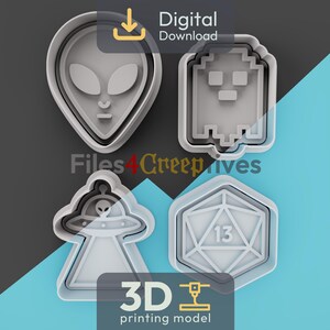 May include: Four gray 3D printing models: an alien head, a pixelated ghost, an alien spaceship, and a 20-sided die with the number 13. The words "Digital Download" and "3D printing model" are visible. The text "Files4Creepives" is also visible.