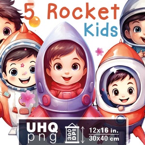Trabajo e impresión - Paquete de imágenes prediseñadas de 5 Baby Rocket Kids - 300 DPI, 12x16 in/30x40cm - Decoración digital de invitación de cumpleaños de bebé, arte de pared transparente