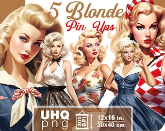 Work & Print - 5 Retro Blonde PinUp Girl Png Bundle - 300 DPI, 12 in x 16 inches / 30 x 40 cm - Printables Transparent Png Clipart