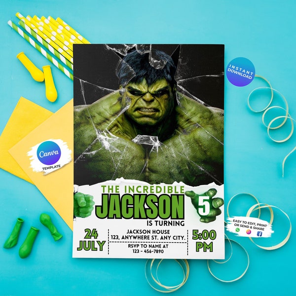 Faire-part d'anniversaire Hulk modifiable | Faire-part fête Hulk | Modèle Angry Hulk modifiable | Invitation imprimable | Modèle de toile