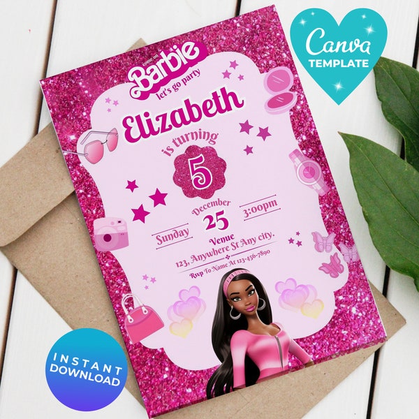 Fashion Doll Birthday Invitation | Black Doll Party invitation | Pink Sparkle Invitation | Glitter Pink Printable Invite | Invite for Girls