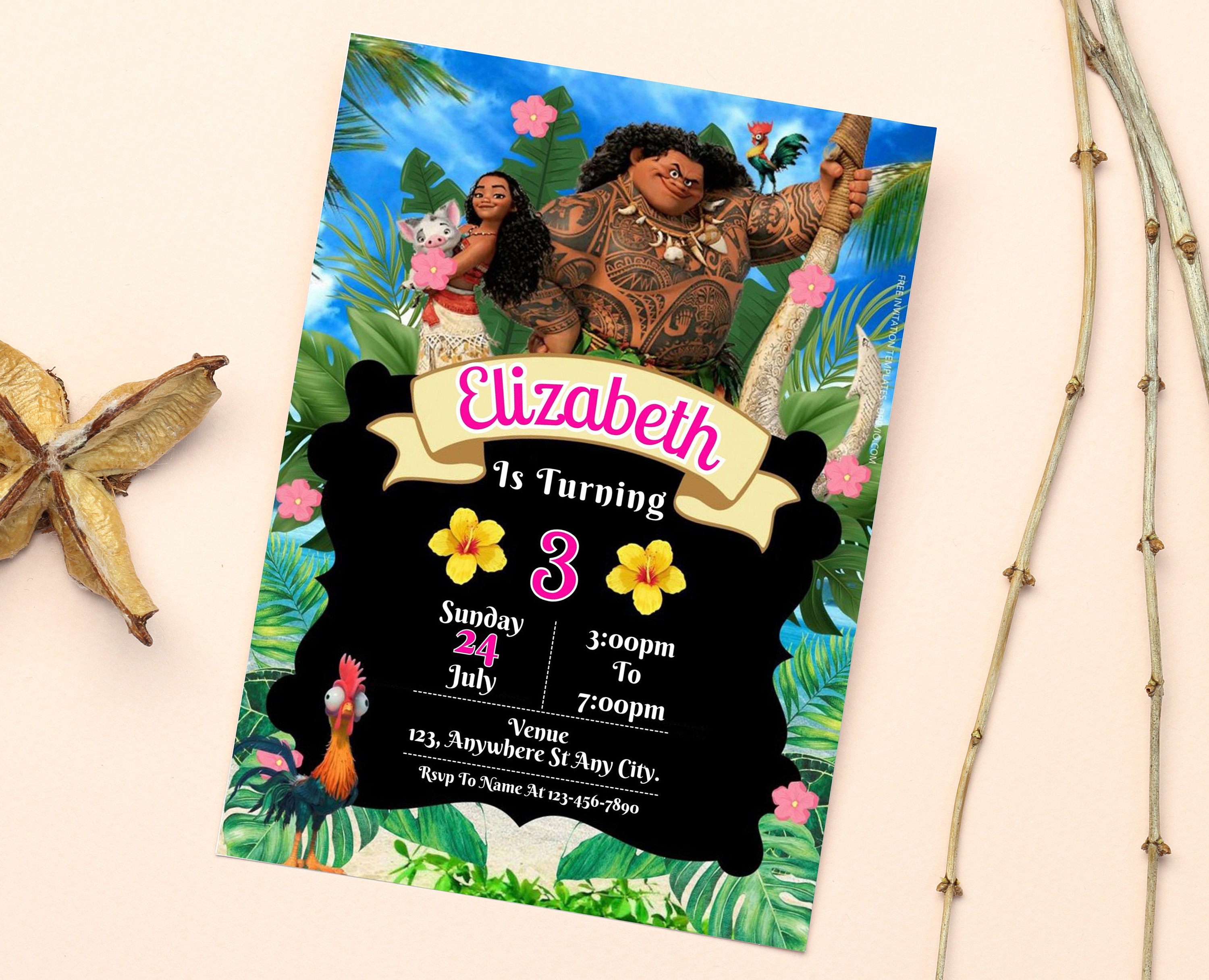 Editable Moana Birthday Invitation Moana Theme Party Invitation ...