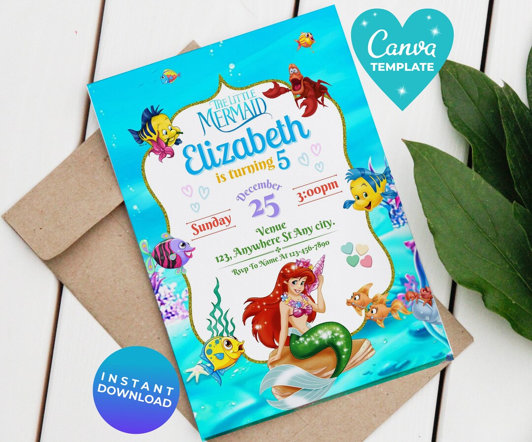 Editable Little Mermaid Birthday Invitation Ariel Party Invitation